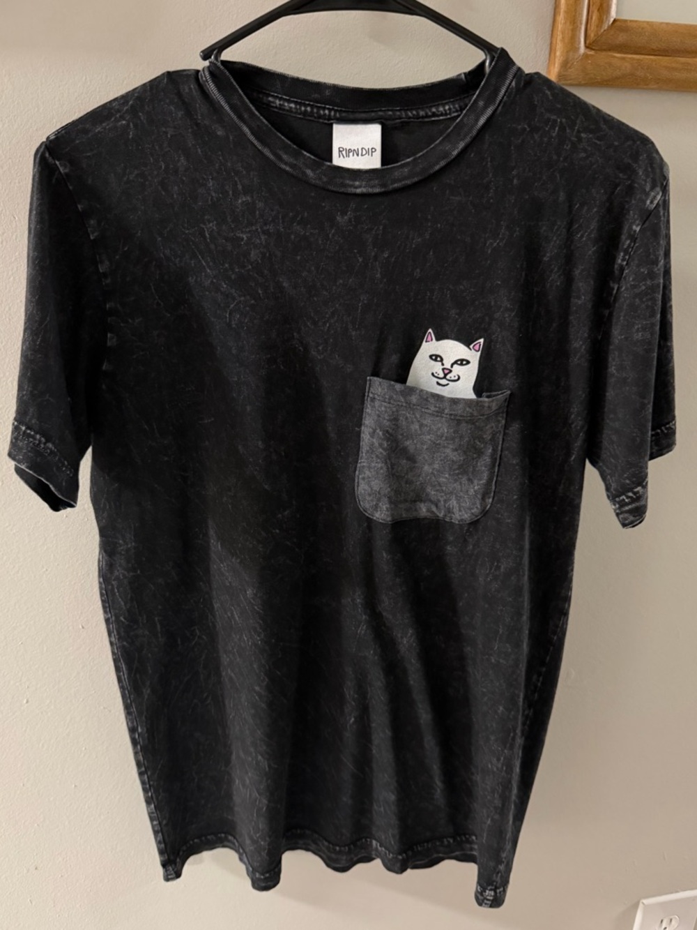 Ripndip Black Mineral-Wash Tee with Peekaboo White Cat Pocket